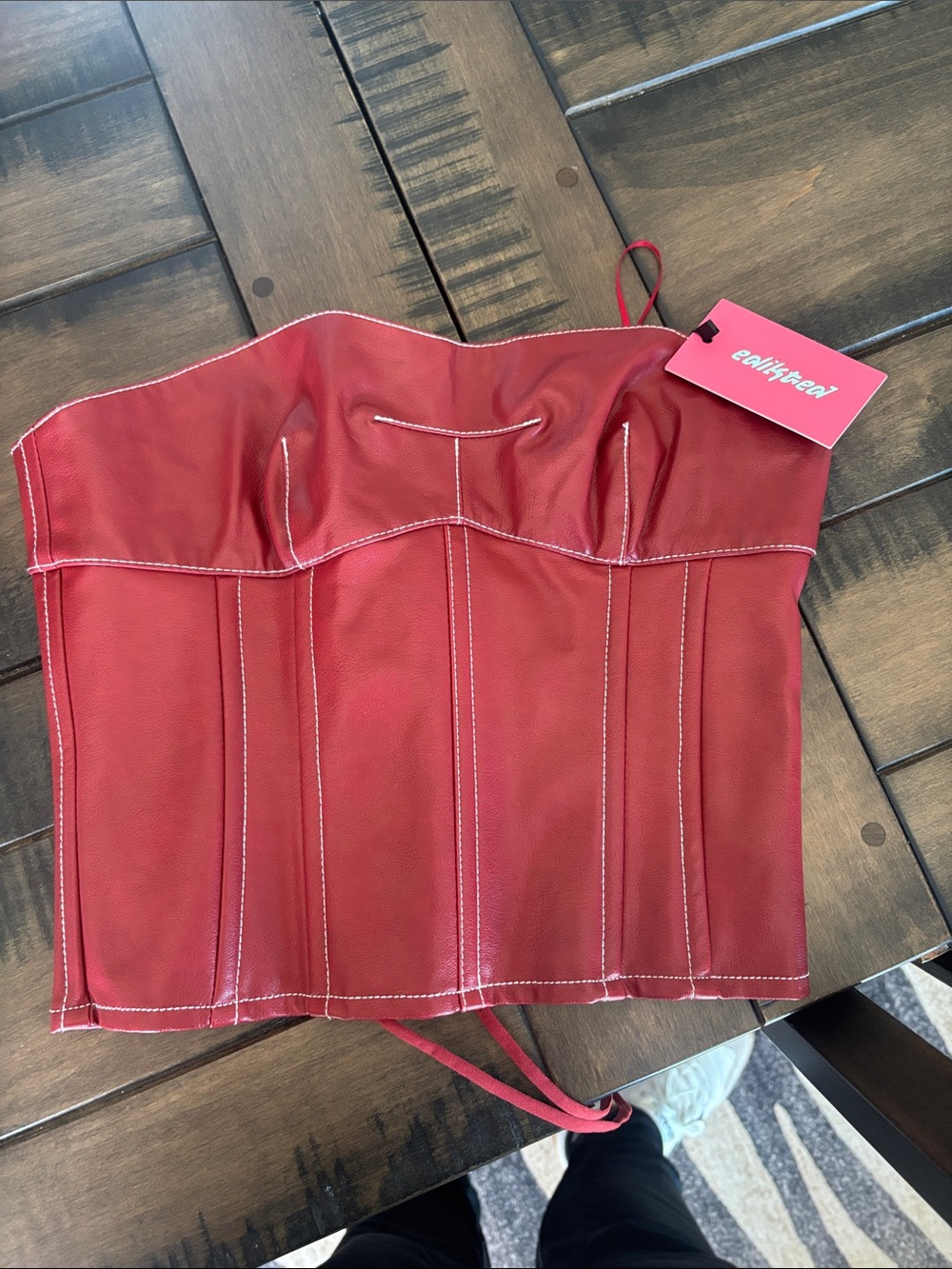 Edikted Red Strapless Faux-Leather Corset Top